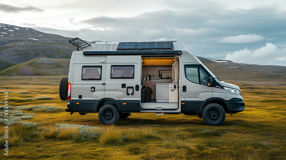 AdobeStock_744339564_Preview A modern camper van with solar panels on the roof is parked on grassy terrain, with its side door open to reveal a compact kitchen interior Mountain landscape in the background Specialized RV Repair and Conversions, Inc